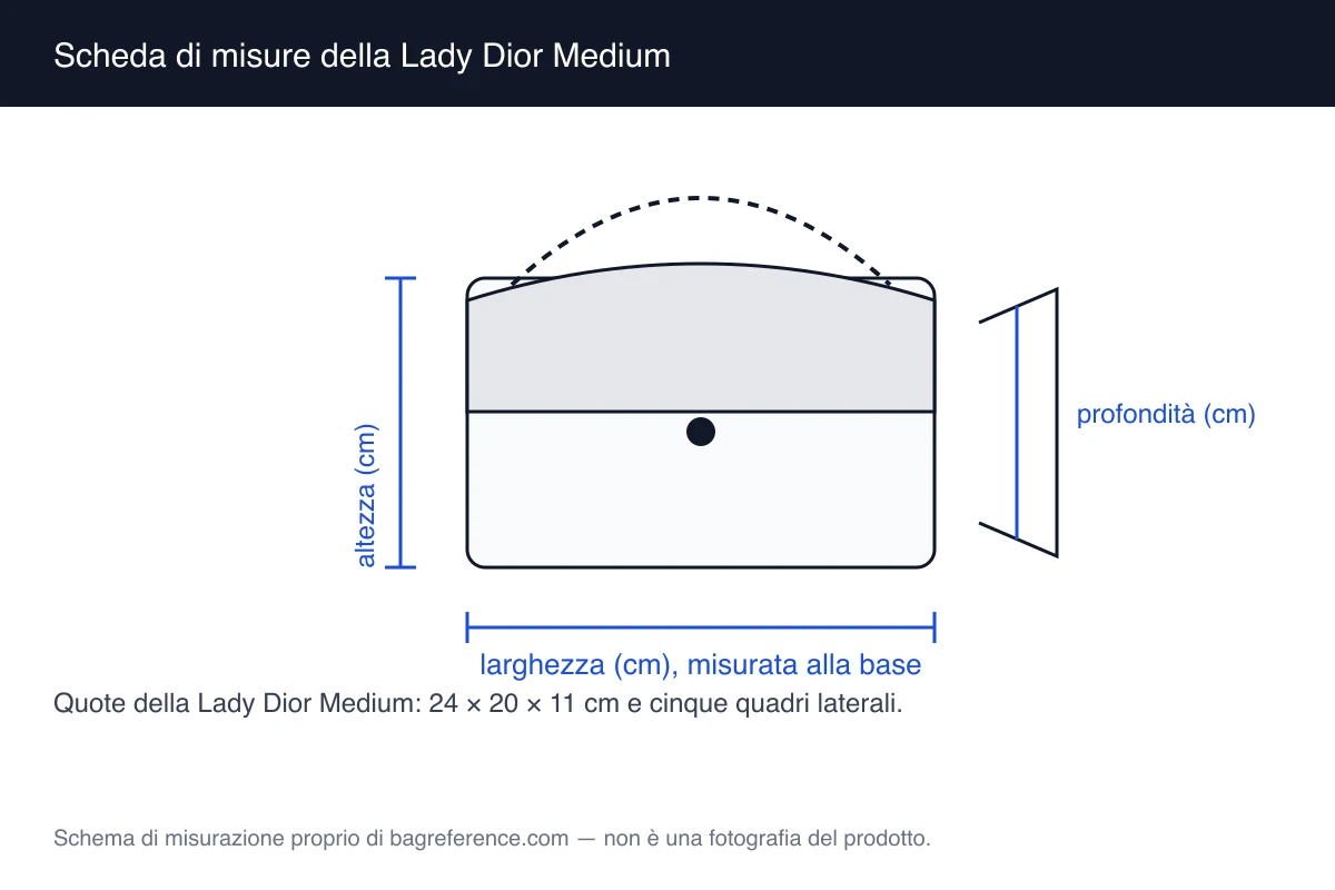 Disegno tecnico di una borsa rigida con due manici superiori, anelli con ciondoli e trapuntato a rombi, con quote di 24 cm di larghezza, 20 cm di altezza e 11 cm di profondità