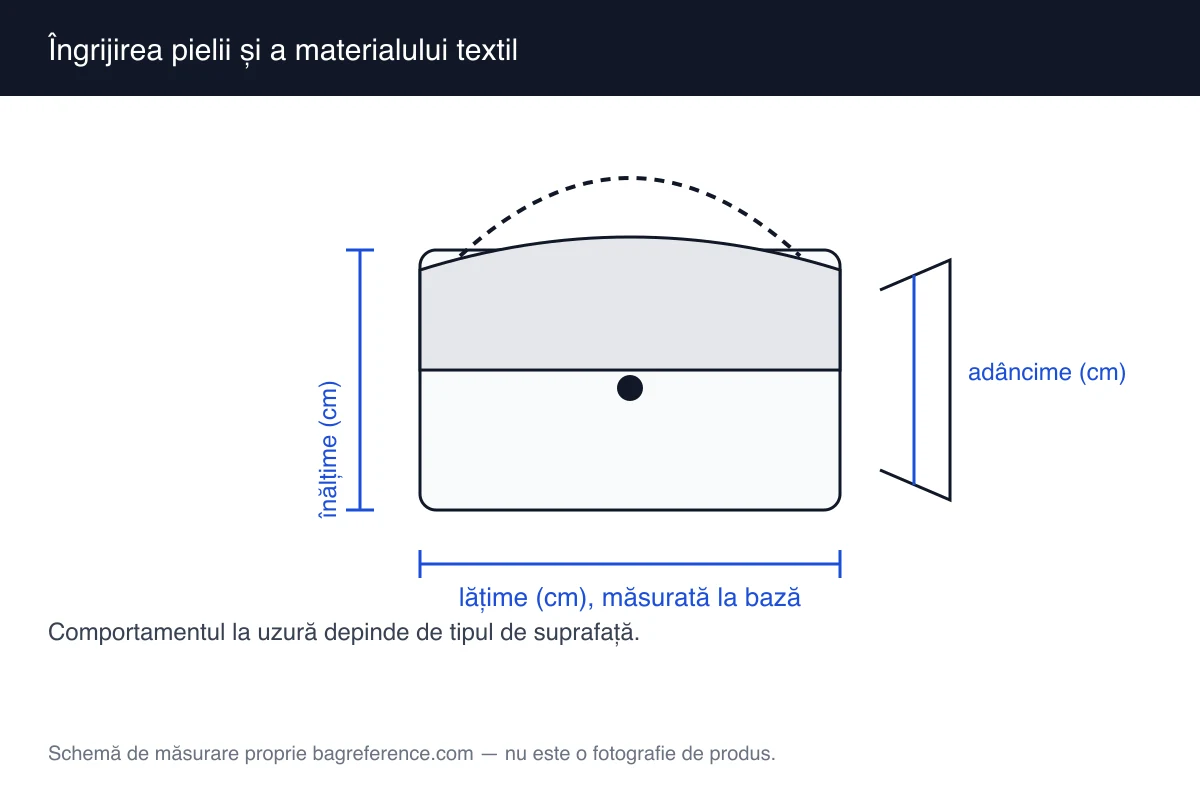 Schemă de geantă cu zone marcate pentru materialul exterior și interior, alături de axele de măsurare